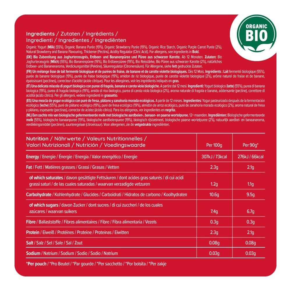 Mama Bear Preparado de yogurt orgánico, fresa, plátano y yogurt, vegetariano, 90 gramos (paquete de 6) Madre e Hijo Naty Shop