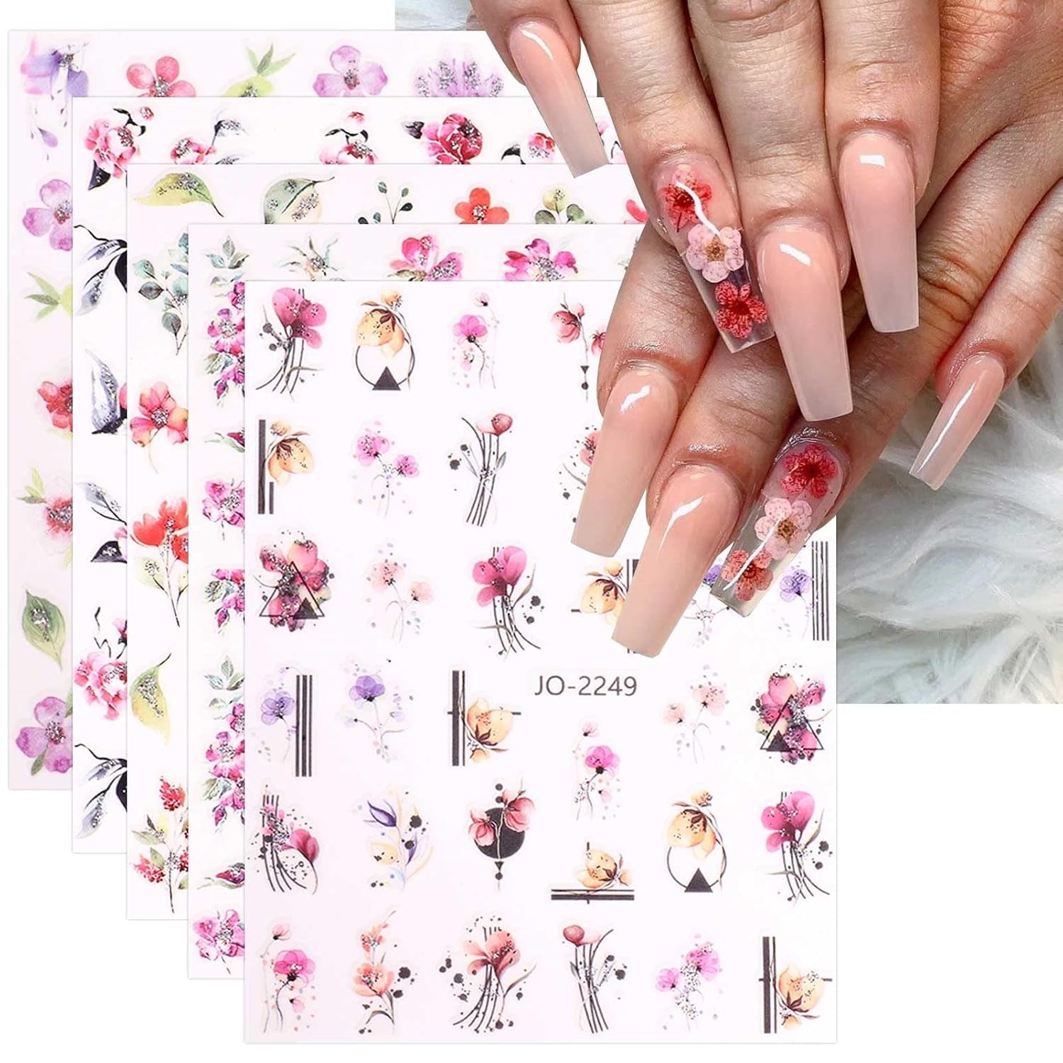 JMEOWIO Nagelsticker Frühling Blume 12 Blatt Nail Art Sticker Selbstklebend Nagelaufkleber Blätter Dekoration Nageldesign Zubehör