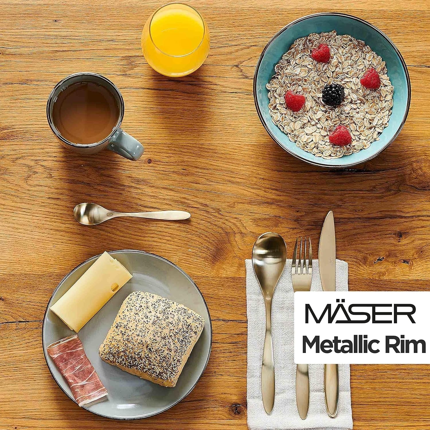 MÄSER Metallic Rim, Modernes Geschirr Set Für 4 Personen Mit Messingfarbenem Rand, 16-Teiliges Kombiservice Mit Randlosen Coupe-Formen, Steinzeug, Grau Juegos de vajilla Naty Shop