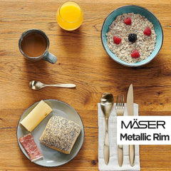 MÄSER Metallic Rim, Modernes Geschirr Set Für 4 Personen Mit Messingfarbenem Rand, 16-Teiliges Kombiservice Mit Randlosen Coupe-Formen, Steinzeug, Grau Juegos de vajilla Naty Shop