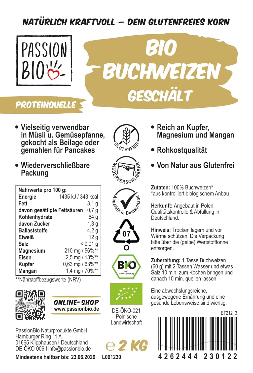 Hrișcă organică PassionBio 2 kg - ambalaj resigilabil - calitate alimentară crudă