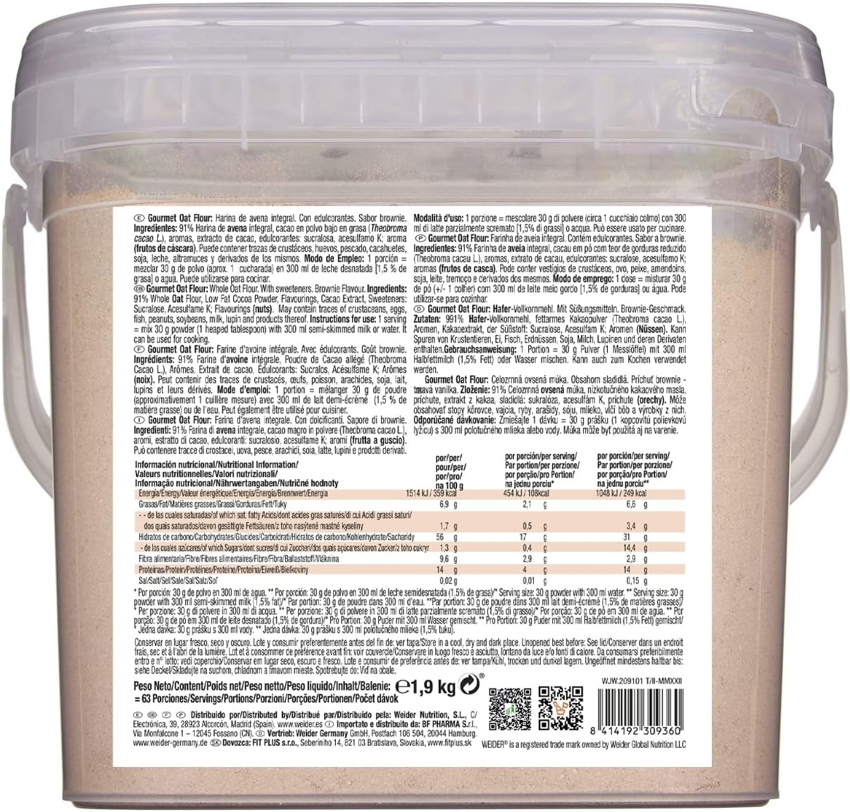 Avena Weider Gourmet (1,9 kg) sabor brownie. Avena integral. Fuente de proteínas baja en azúcar.