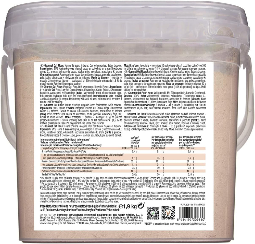 Avena Weider Gourmet (1,9 kg) sabor brownie. Avena integral. Fuente de proteínas baja en azúcar.