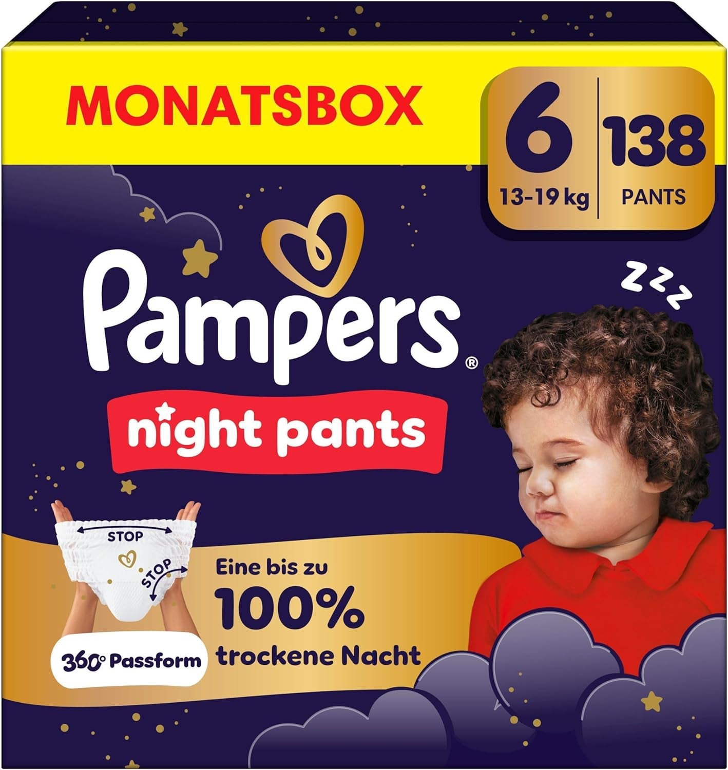 Los pañales Pampers Night Pants talla 6, 138 piezas, 13 kg-19 kg, brindan protección adicional durante toda la noche.