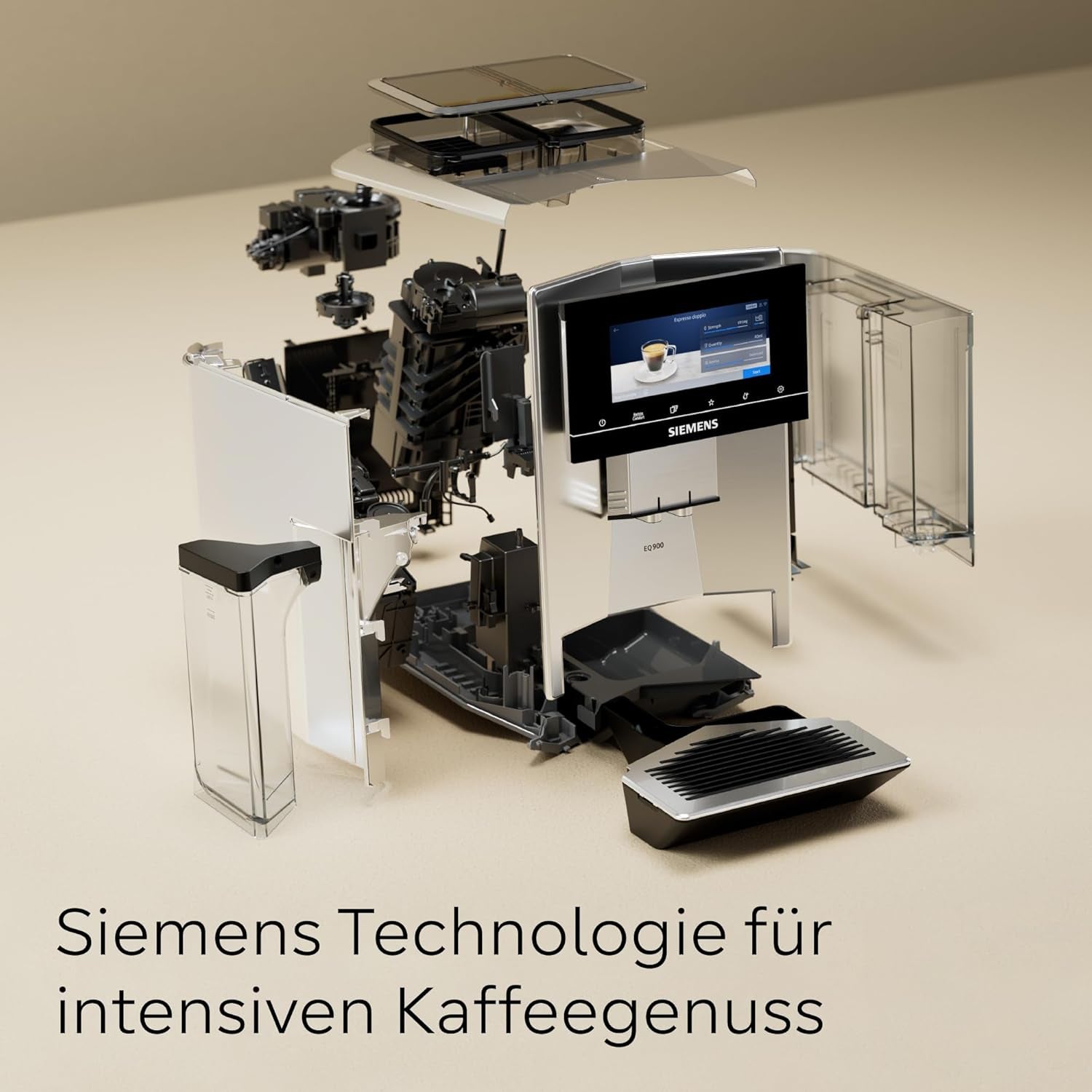 Espressor automat Siemens EQ900, ecran TFT color mare, 2 recipiente pentru boabe, 36 de băuturi calde și reci, cafea rece, super silențios, funcție pentru două cești, control prin aplicație, oțel inoxidabil, TQ907D03