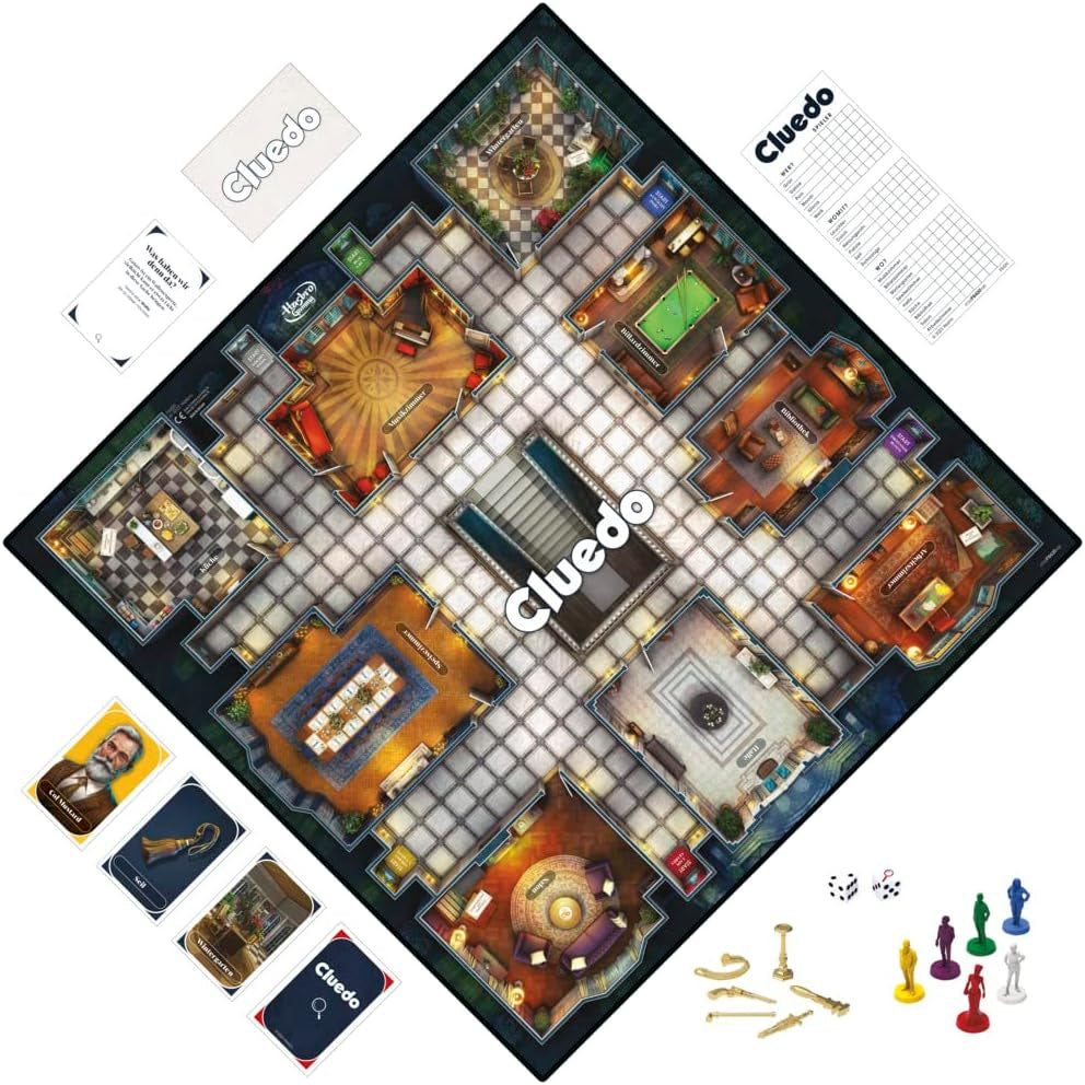 Joc de societate Cluedo Hasbro Gaming pentru copii cu vârsta de 8 ani și peste, joc Cluedo reproiectat pentru 2 până la 6 jucători, joc de detectivi și puzzle, joc de mister perfect pentru