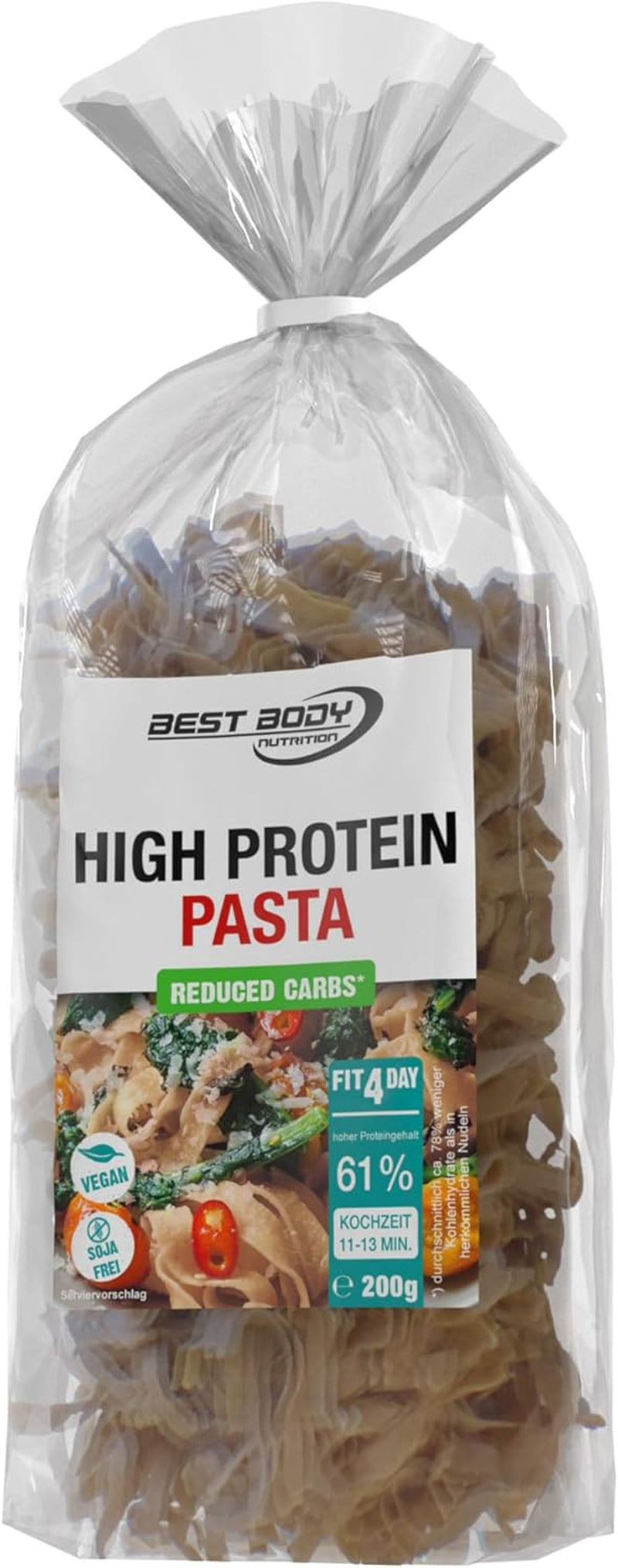 Pasta Proteica Best Body Nutrition 6 x 200 g - Tagliatelle Alto en Proteínas Fit4Day - 61% de Proteínas, Bajo en Carbohidratos, Vegano y Sin Lactosa, Sin Soja - Proteína de Guisante de Alta Calidad - Para Dietas Bajas en Carbohidratos