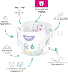 Pañales Bella Baby Happy Premium, Talla 6, Junior Extra, 15+ kg, 96 piezas, Sello DERMATEST y OEKO-TEX, Pañales Desechables para Bebé