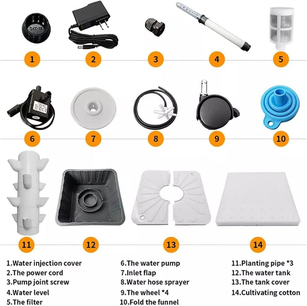 Torre hidropónica, sistema acuapónico de cera de 15 niveles y 45 orificios, kit de cultivo aeropónico de jardín inalámbrico para hierbas, frutas y verduras con bomba de hidratación, adaptadores, macetas de malla