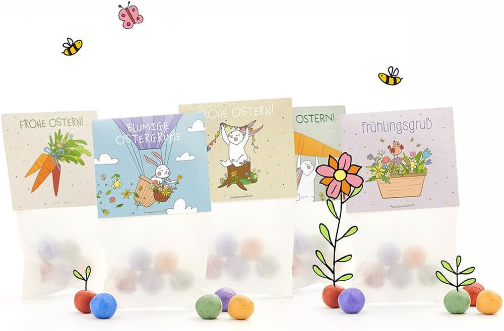 Bunte Blumenmurmeln "Frühlingsgruß" L 10 X5 Kleine Saatkugeln in Einem Tütchen Mit Blumenkorb-Motiv L Geschenk Zu Ostern, Im Frühling, Als Gastgeschenk Oder Als Dankeschön Für Erzieher, Lehrer