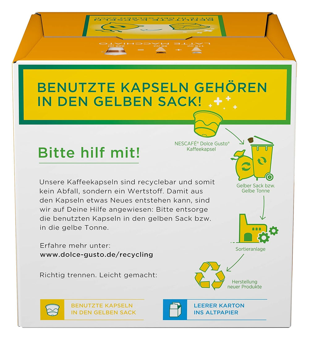 NESCAFÉ Dolce Gusto Latte Macchiato, 48 Kaffeekapseln, Aromatischer Espresso, 3-Schichten -Köstlichkeit aus feinem Milchschaum, Aromaversiegelte Kapseln, 6er Pack (3x16 Kapseln)