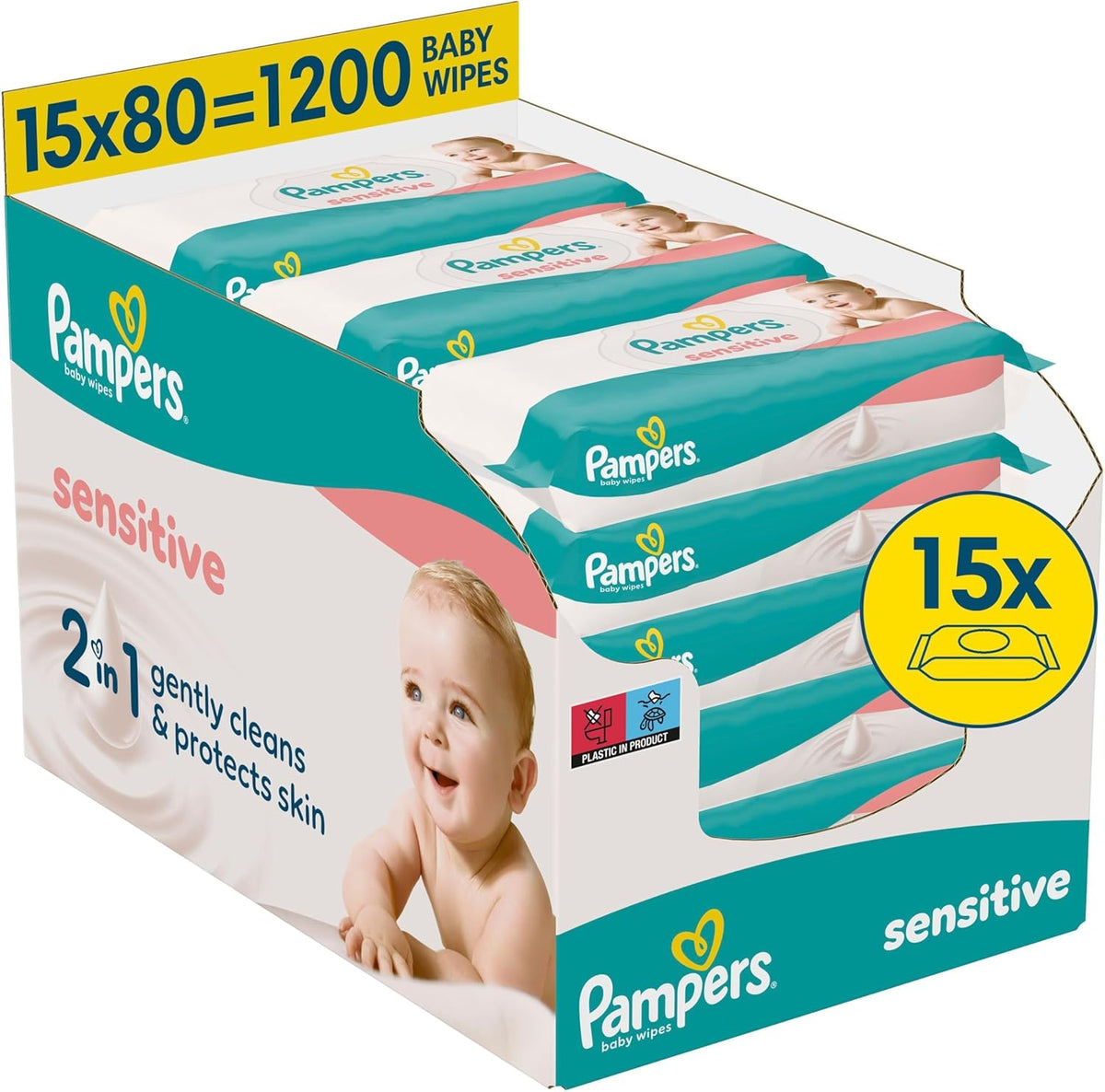 Pampers Toallitas para bebé sensibles, paquete de 15 de 80 toallitas, 1200 toallitas para bebé, limpieza suave y protección de la piel 2 en 1
