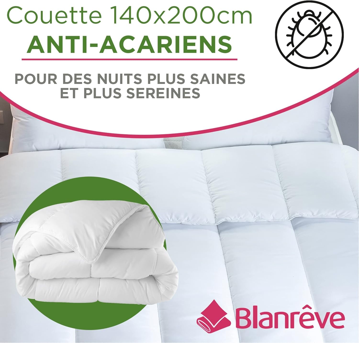 Blanrève - Edredón Serenité - Tratamiento antiácaros - Templado 300 G/M² - 140 X 200 Cm - Para cama individual - Lavable a máquina, blanco Edredones y edredones Naty Shop