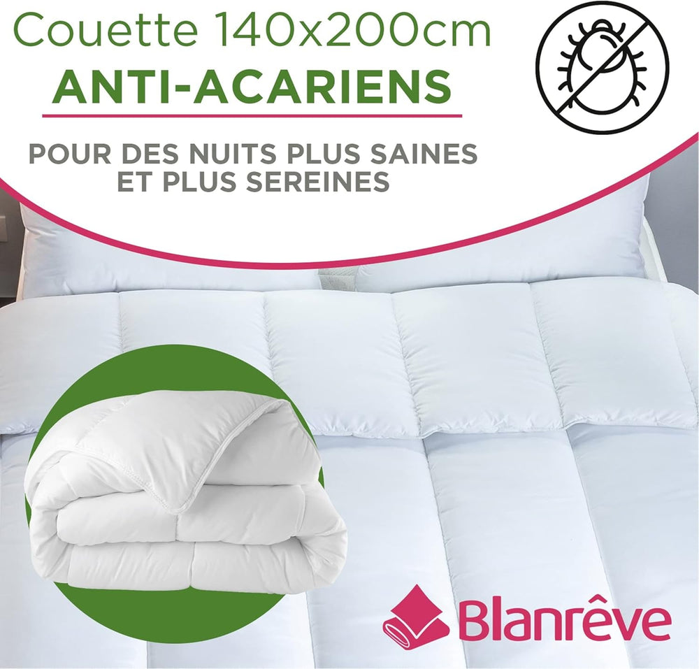 Blanrève - Edredón Serenité - Tratamiento antiácaros - Templado 300 G/M² - 140 X 200 Cm - Para cama individual - Lavable a máquina, blanco Edredones y edredones Naty Shop
