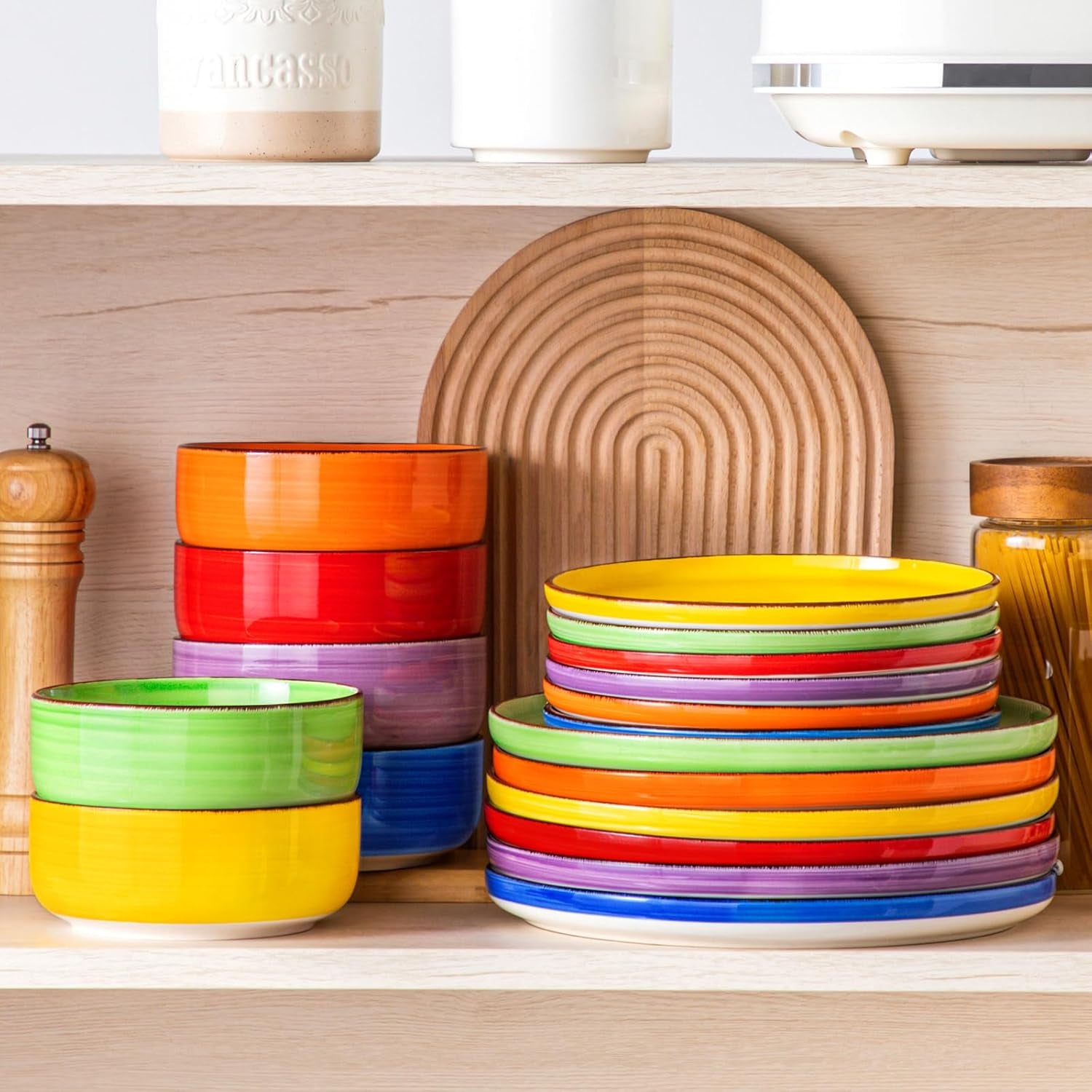 Set de veselă pentru 6 persoane, serviciu de cină din gresie Vancasso Bonita cu 18 piese, set bol și farfurie, serviciu rotund combinat cu 6 farfurii de cină, farfurii de salată și boluri fiecare