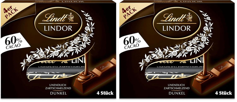 Chocolate Lindt | Sticks LINDOR 60% Cacao | 100g | 4 tabletas de chocolate con chocolate negro 60% cacao y relleno derretido en la boca | Barra de chocolate