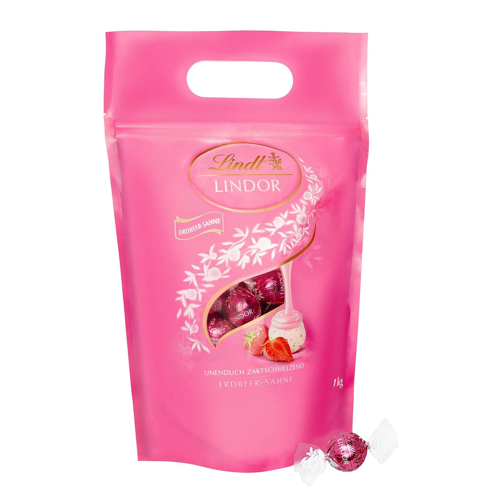 Bolas de chocolate extra oscuro Lindt LINDOR y bolas de chocolate con crema de fresa LINDOR | Bolsa resellable de 1 kg | aprox. 80 white chocolate balls with strawberry cream