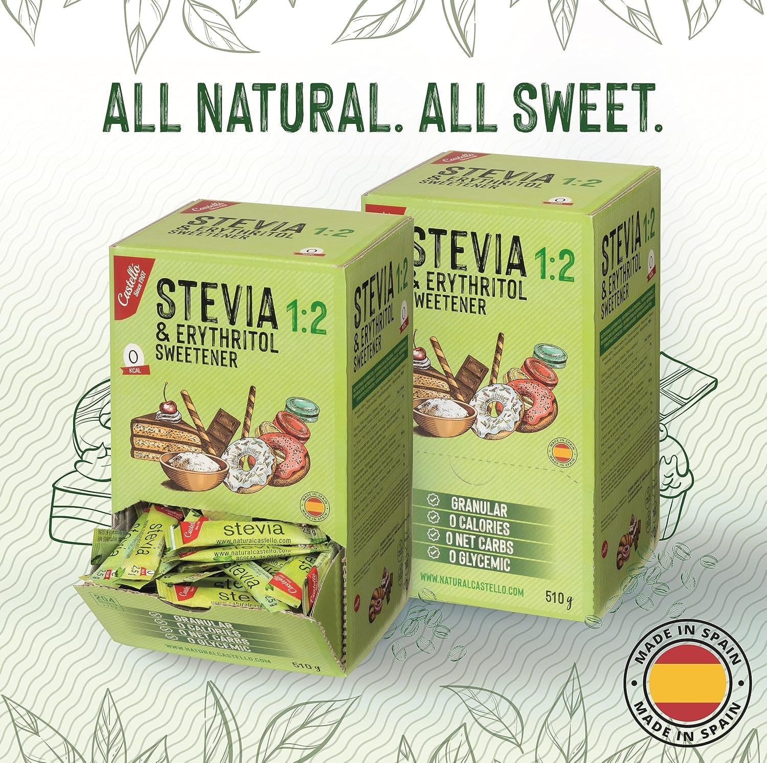 Stevia + Eritritol 1:2 Süßstoff | 204 Bolsa Mito 2.5 G | 100% Natürlicher Zuckerersatz - 0 Kalorien - 0 Glykämischer Index - Keto Und Paleo - 0 Kohlenhidrato - Kein GVO - Castello since 1907-510 G Edulcorantes Naty Shop
