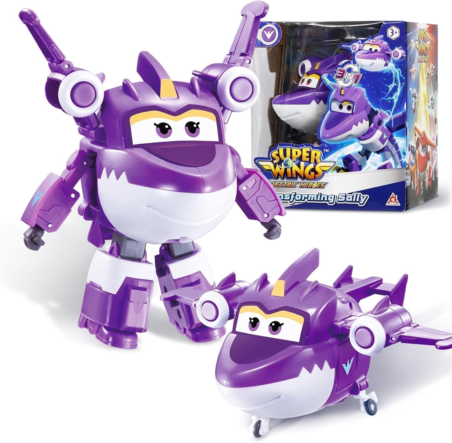 Avión de transformación Super Wings Traver sobrealimentado, aprox. Figura de juego para niños grande de 12,7 cm Figura de avión y robot de juguete para niños y niñas mayores de 3 años Figuras de acción plateadas Naty Shop Sally