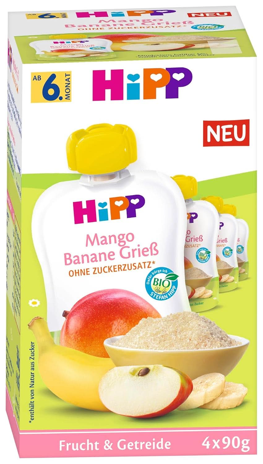Hipp Frutas y Cereales Ecológicos en Bolsas Exprimibles para Bebé Mango Plátano Sémola 4 Pack (4X4X90G) Mother and Baby Naty Shop