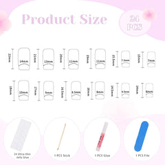 24 bucăți unghii artificiale cu vârf francez, scurte și pătrate, unghii acrilice negre cu design în formă de inimă albă, pentru acoperire completă