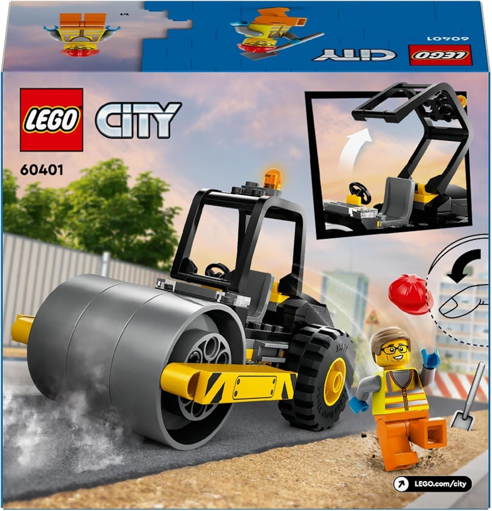 LEGO City Vehículo de construcción Rodillo de carretera para niños de 5 años Rodillo de vapor con minifigura de trabajador de la construcción Experiencia de juego imaginativa para niños y niñas Pequeño regalo divertido 60401 Juegos de construcción Besuche den LEGO-Store