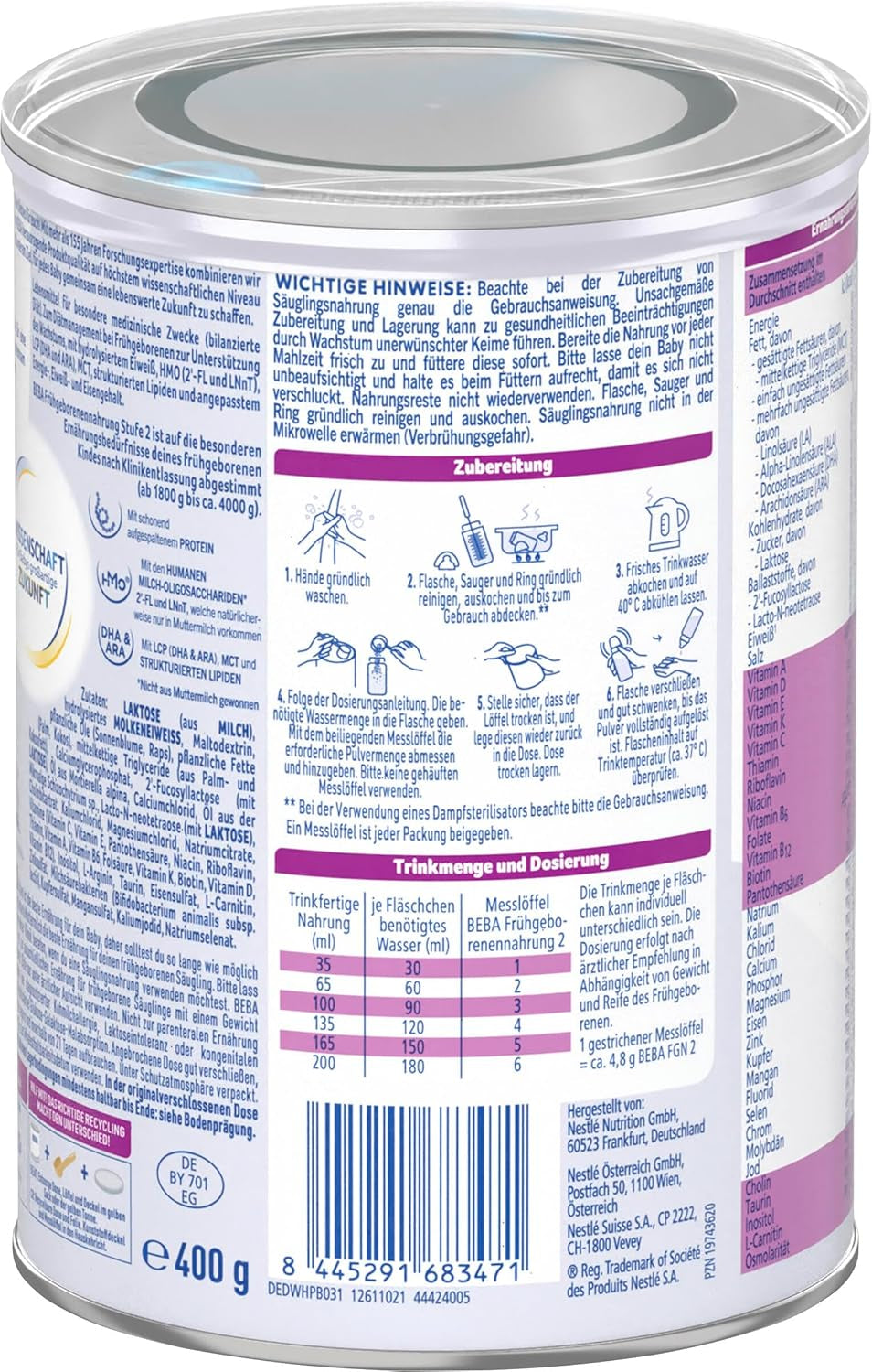 BEBA Fórmula para bebés prematuros etapa 2: bebés prematuros después del alta hospitalaria Alimentos para bebés Leche en polvo para bebés Paquete de 3 (1 x 400 g)