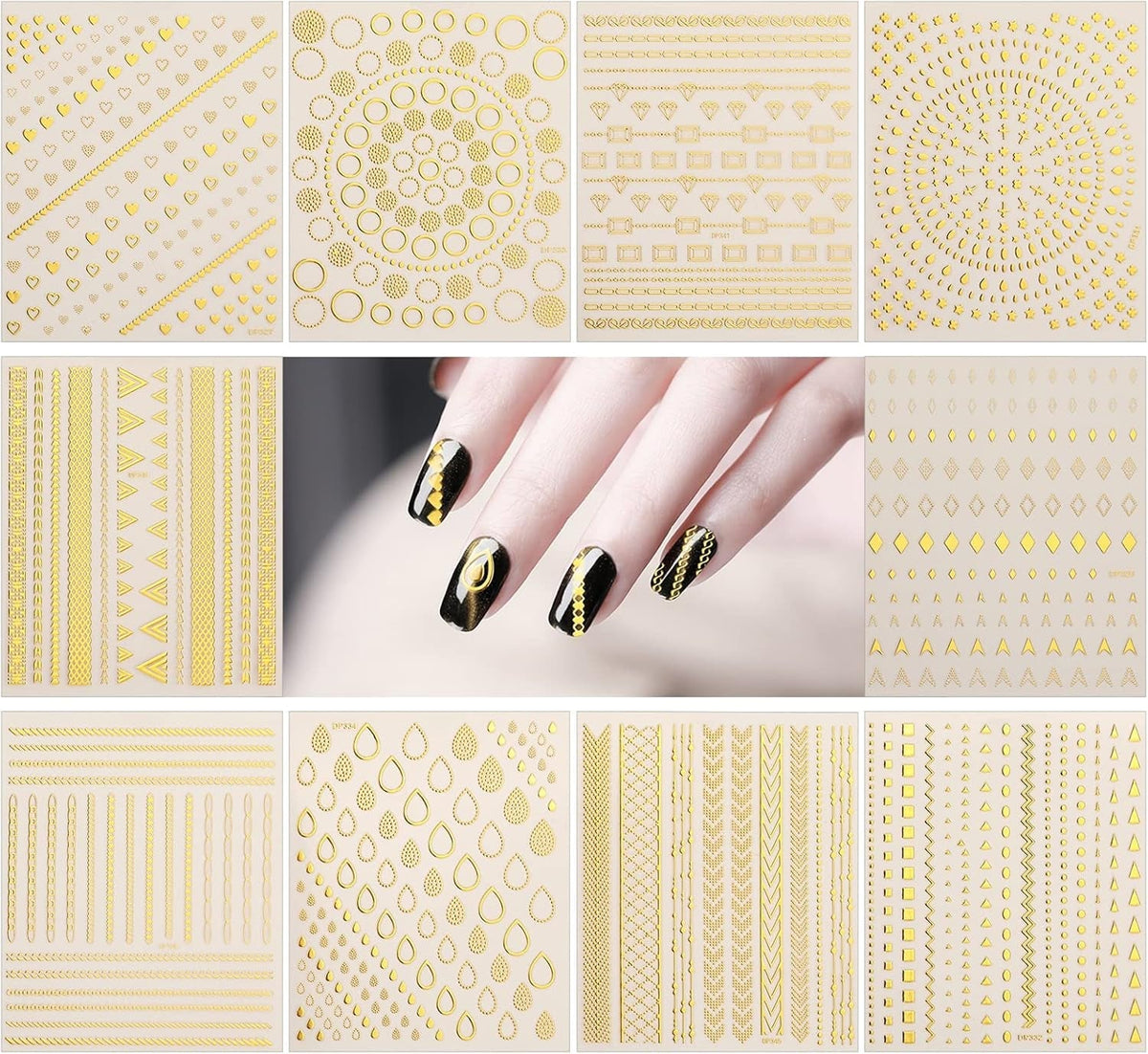 MWOOT 10 Blätter Gold Nagelsticker Abziehbilder Nail Art Sticker, 3D Selbstklebende Nagelaufkleber Set Linien Streifenband Design,Diy Metallisch Nailart Aufkleber Maniküre Zubehör Für Nagel Dekoration