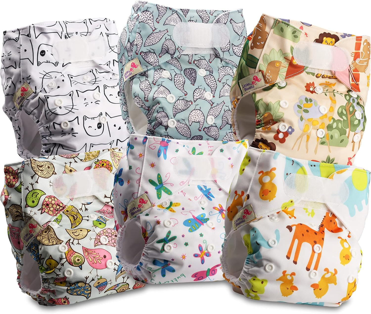 Littles and Bloomz Pañal reutilizable FLV2-0602, cierre de gancho y bucle estándar, 6 pañales