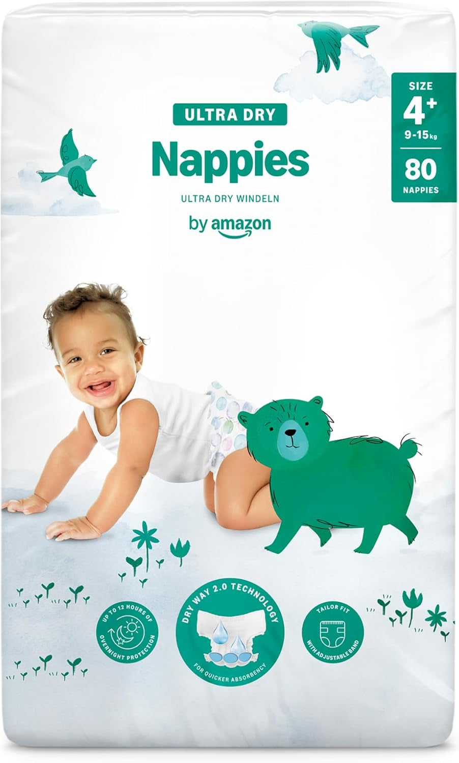 Pañales Amazon Ultra Dry, tamaño 3 (4-9 kg) - Caja mensual, blanco, 172 unidades (2 paquetes de 86) (anteriormente Mama Bear, producto idéntico)