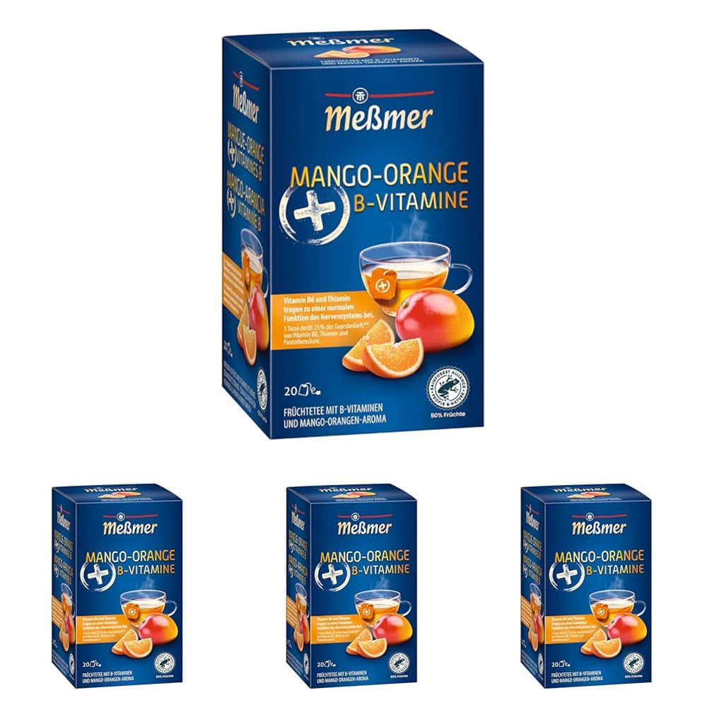 Ceai Meßmer plus | Mango-portocală + vitamine B | 20 pliculețe de ceai | Fără gluten | Fără lactoză | Vegan