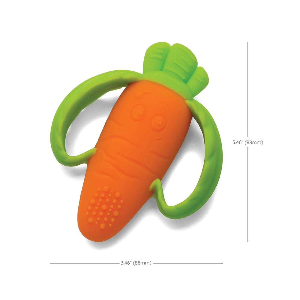 Infantino Lil' Nibbles, inel de dentiție din silicon texturat, jucărie de dentiție pentru bebeluși fără BPA, moale, ușor de ținut în mână, stimulare senzorială pentru sugari, morcov