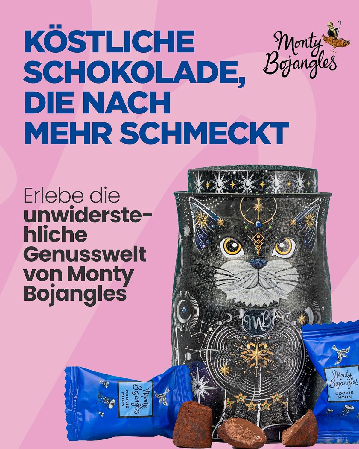 Monty Bojangles Savanna Gold Trufas de chocolate (135 g) Set de regalo de praliné de cacao en polvo en una caja de coleccionista individual con diseño de gato Flutter Scotch Flavor