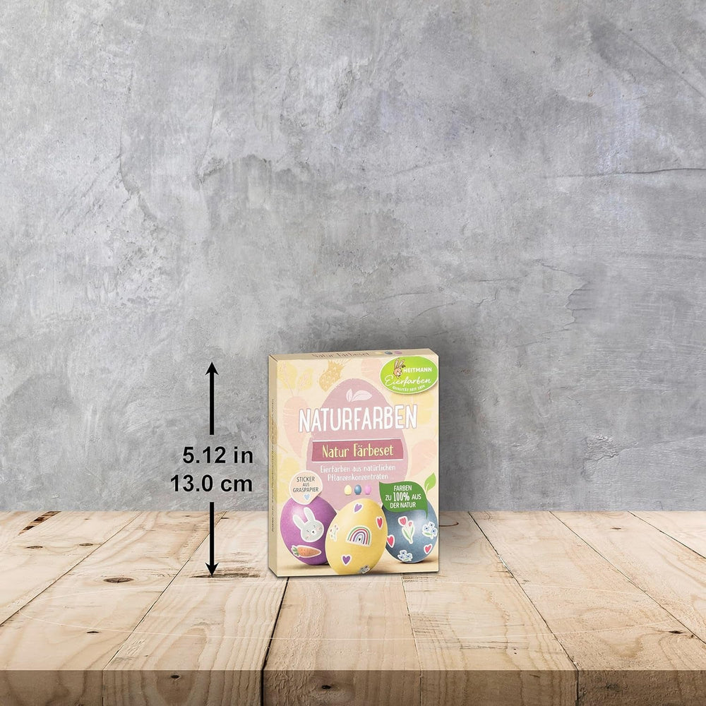 Set de vopsire naturală Heitmann Egg Dye, 3 pudre de colorare pe bază de ou (galben, violet, gri-albastru), foaie de autocolante din hârtie cu iarbă