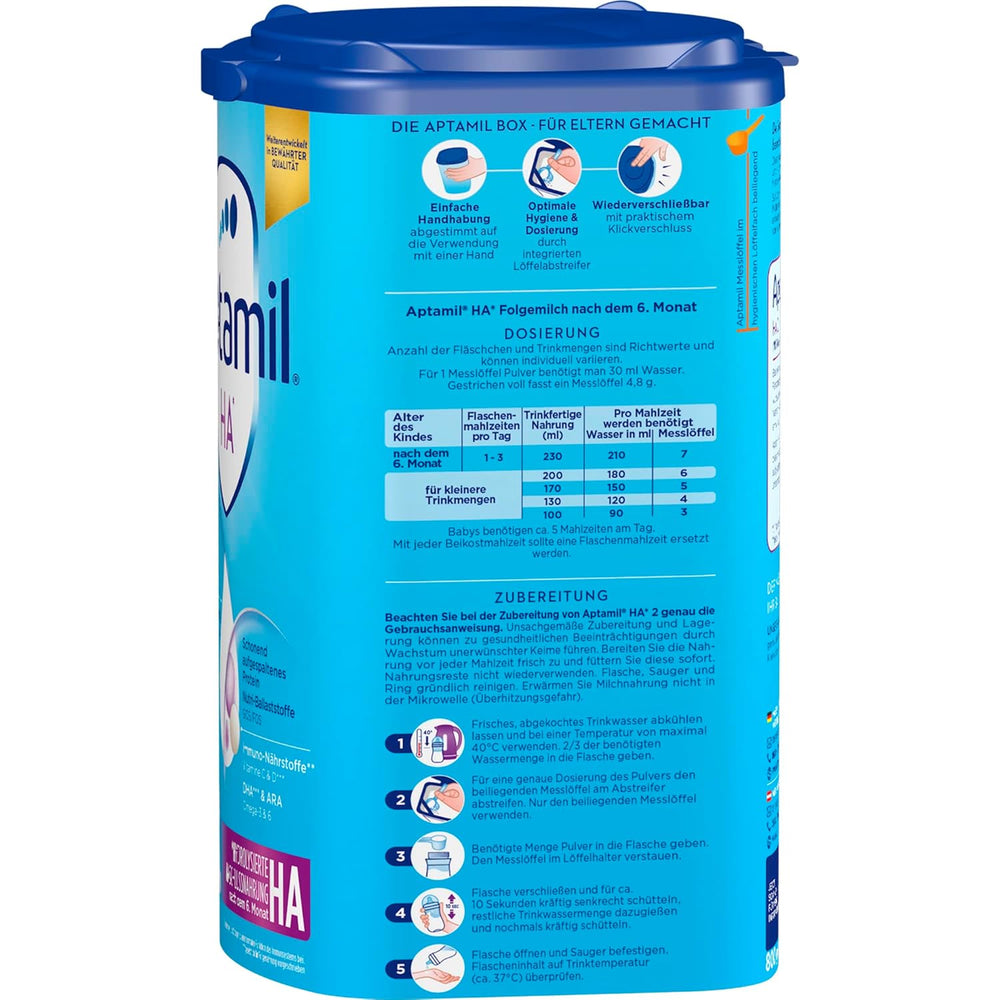 Aptamil HA 2 – Fórmula de continuación después de 6 meses, con Omega 3 y 6, DHA, ARA y ALA, Sin lactosa, Sin aceite de palma, Papillas, Leche en polvo, 1 x 800 g (Paquete de 4)