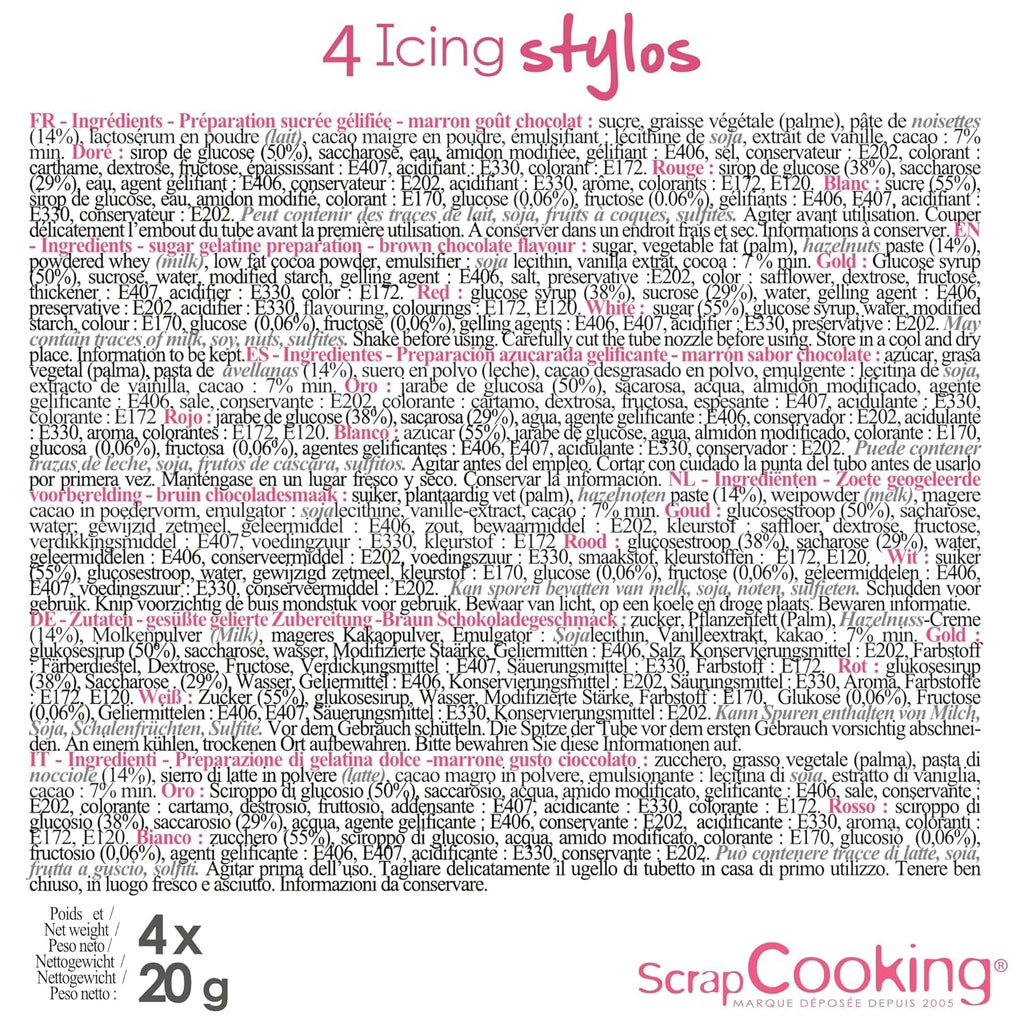 Scrapcooking – 4 markere pentru piese: auriu, ciocolatiu, alb și roșu – pixuri decorative comestibile pentru scris și desenat pe deserturi, prăjituri și biscuiți
