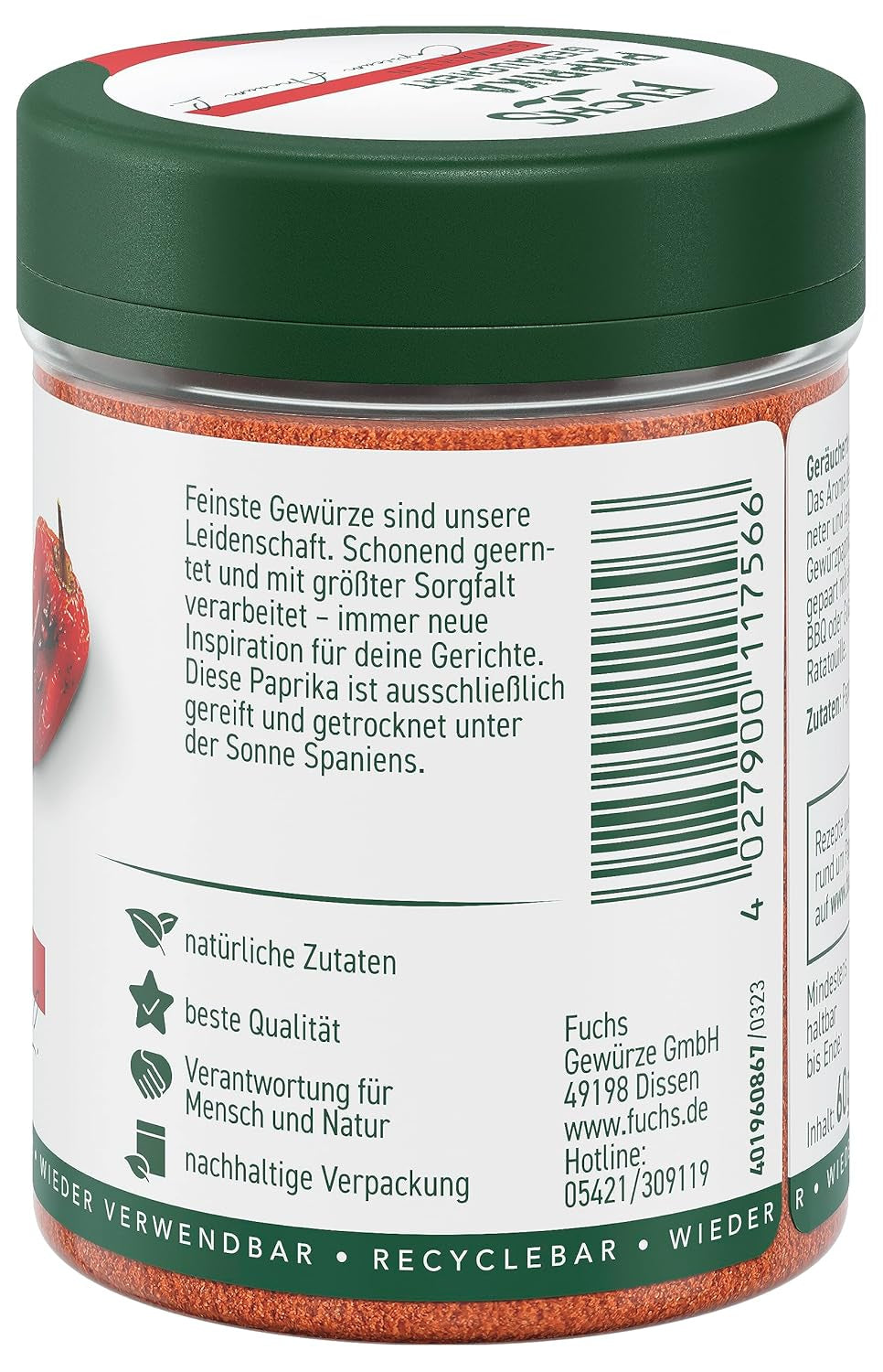 Fuchs Gewürze - Paprika geräuchert gemahlen - rauchiger Gesmack für BBQ, Gulasch oder Tofu - ingredientes naturales - 60 g en wiederverwendbarer, recyclebarer Dosis