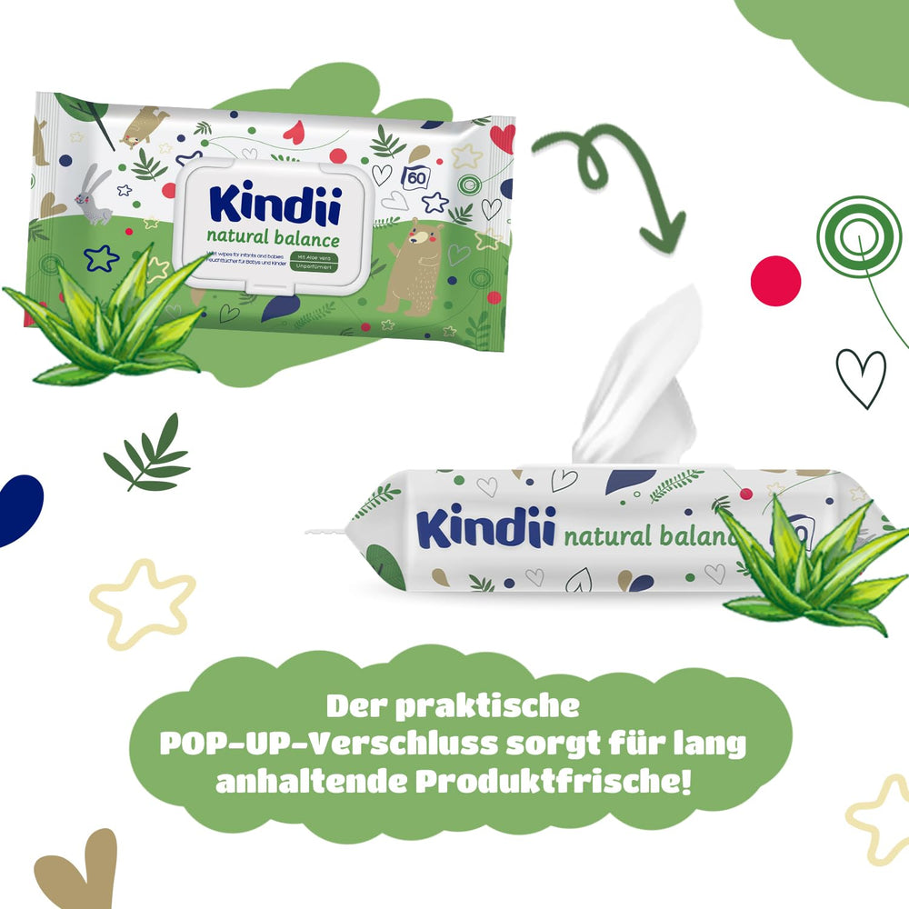 Toallitas húmedas Kindii Natural Balance para bebés - (1 x 60 uds.) Toallitas húmedas para bebés y niños - Protectoras, Aloe Vera, Fragancia delicada - 60 uds.