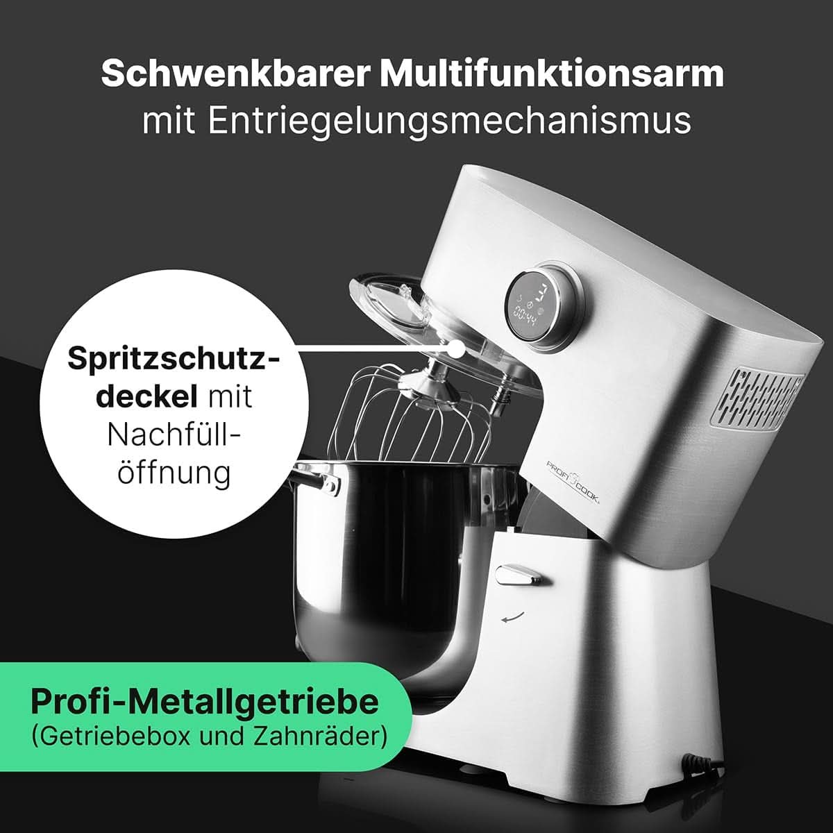 Proficook® Küchenmaschine Mit XXL 12L Schüssel | Knetmaschine con motor profesional de larga duración de 2500 W | Metallgetriebe y pantalla LED | Procesador de alimentos para bis zu 8,5 kg de masa | 13 velocidades | PC KM 1254 Tienda Naty Madre e Hijo