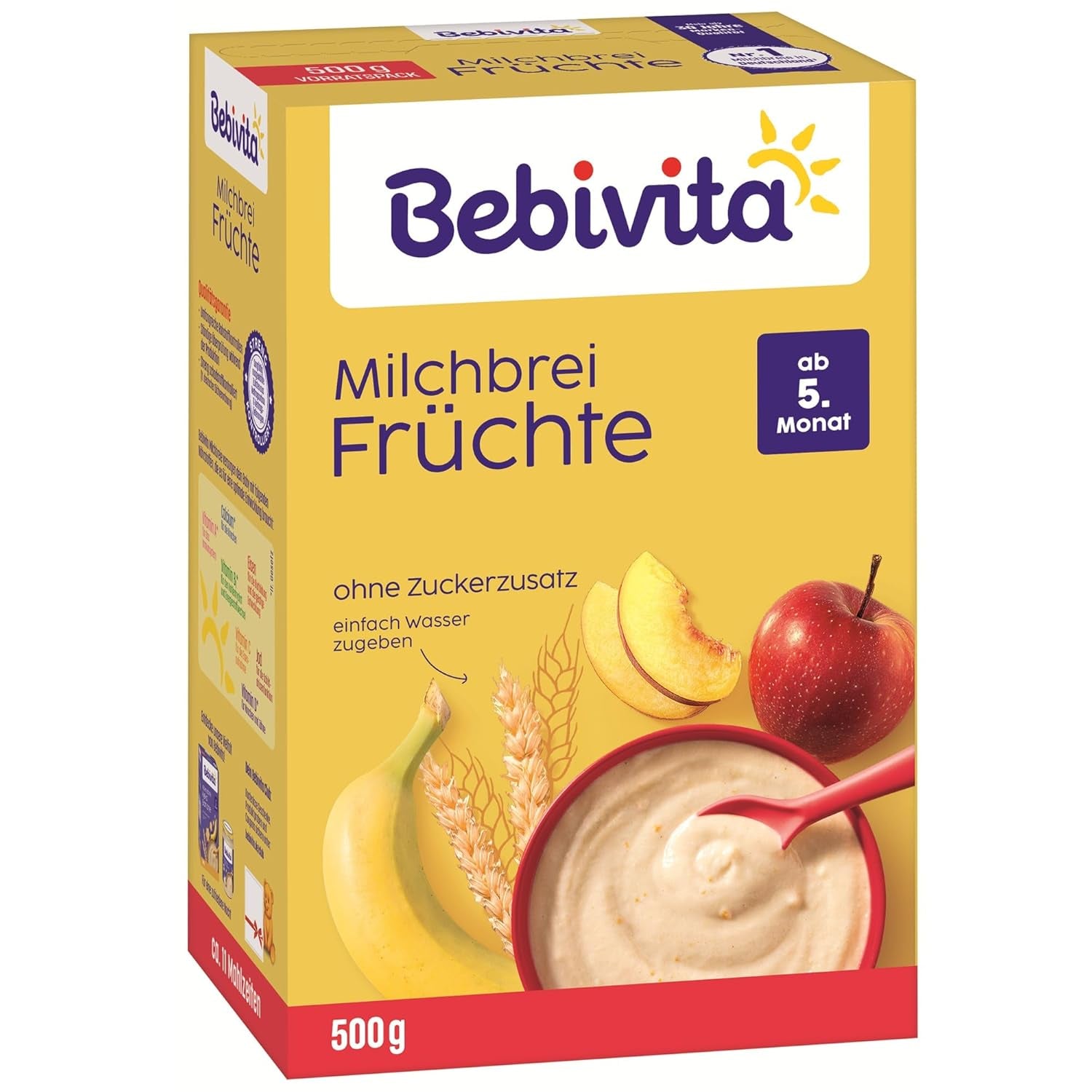 Papilla de leche con frutas (4x500g), a partir de 5 meses, sin azúcares añadidos, con valiosos minerales y vitaminas, muy saciante