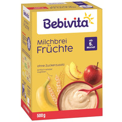 Papilla de leche con frutas (4x500g), a partir de 5 meses, sin azúcares añadidos, con valiosos minerales y vitaminas, muy saciante