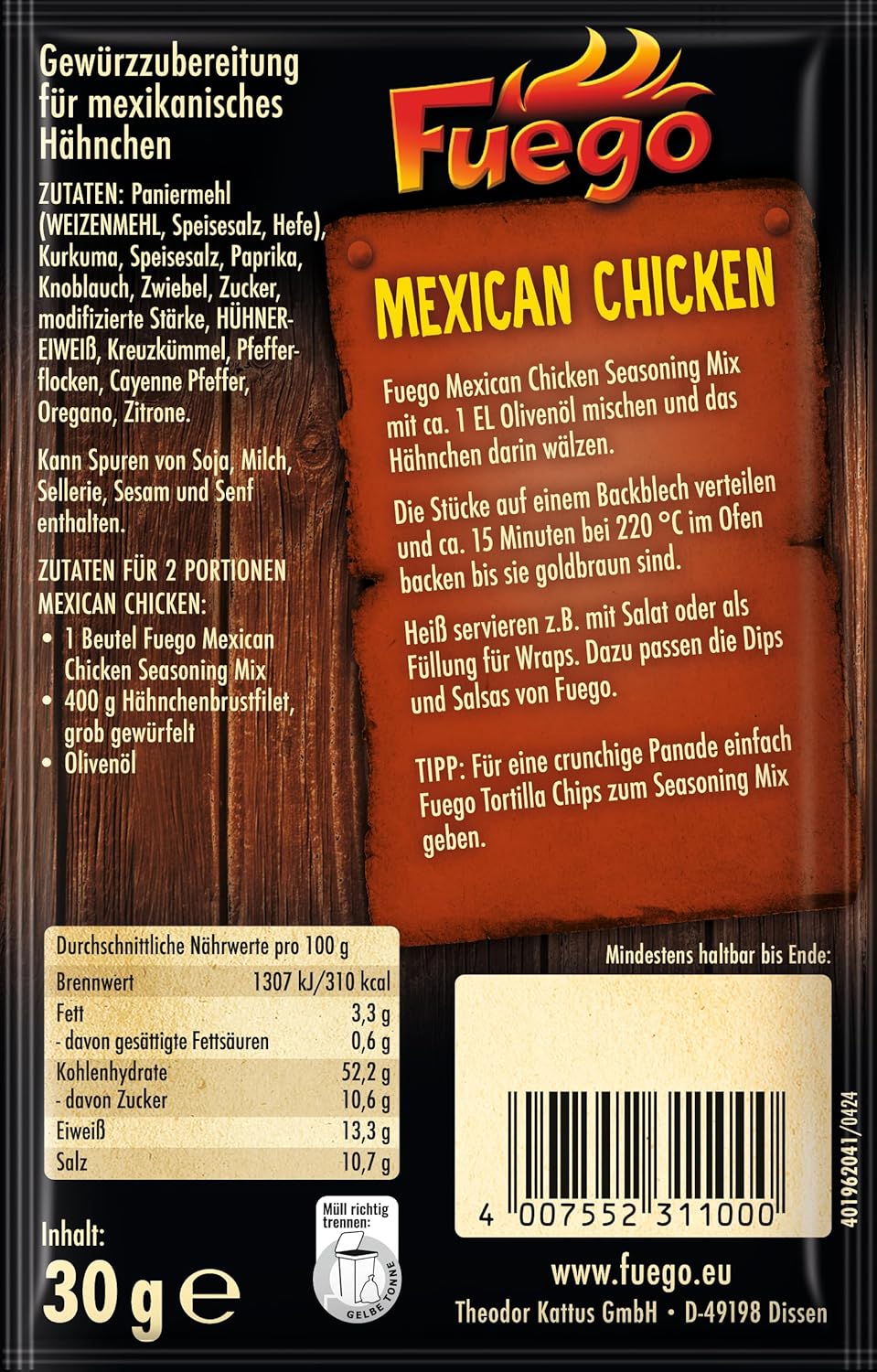 Mezcla de condimentos Fuego para pollo mexicano - Para 2 porciones