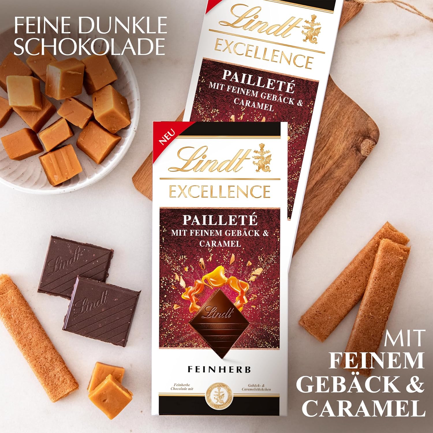 Lindt EXCELLENCE Trozos de masa con lentejuelas y caramelo - Chocolate negro fino con sabor intenso a cacao