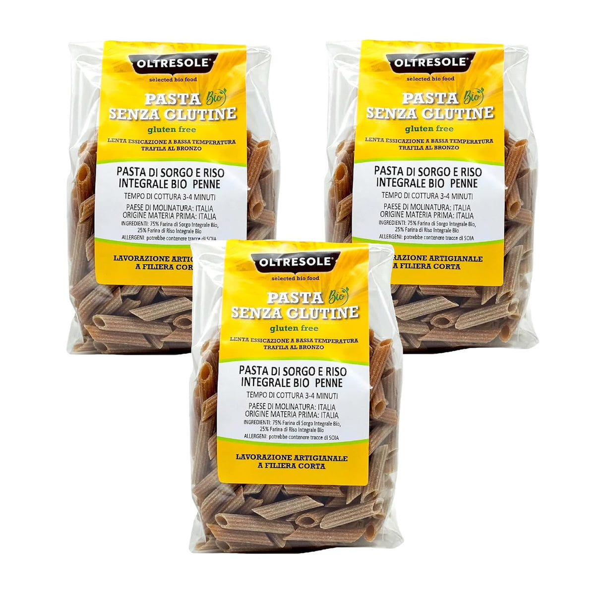 - Pasta italiana de sorgo y arroz ecológica, sin gluten, forma penne - Pasta sin gluten elaborada con harina integral procedente de agricultura ecológica italiana, vegana, paquete de 3 paquetes x 350g