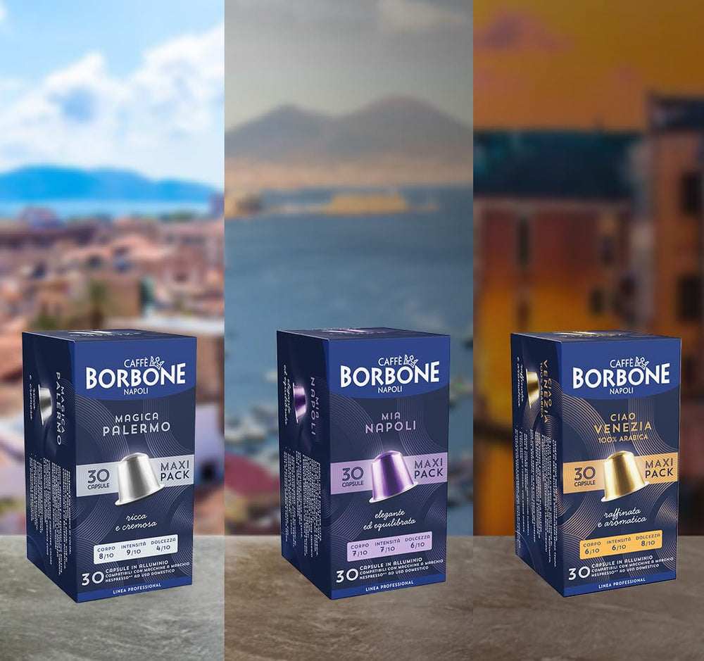 Caffè Borbone Verkostung Kit, 90 Aluminium-Kapseln: 30 Mia Napoli, 30 Ciao Venezia, 30 Magica Palermo, (3 x 30 Stück) – Kompatibel mit Kaffeemaschinen für den Hausgebrauch der Marke Nespresso®*