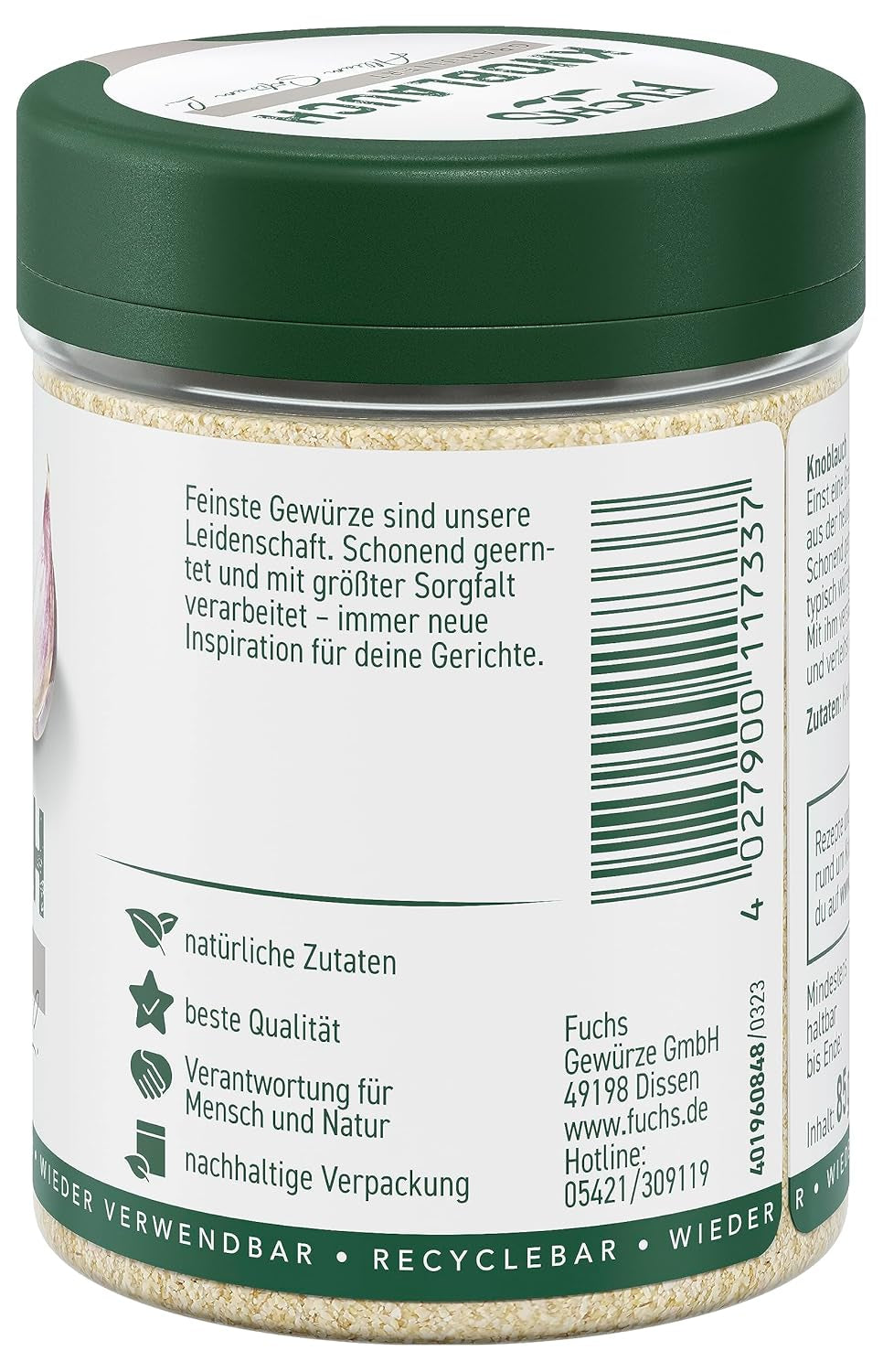 Fuchs Gewürze - Ajo granulado - würzig-zwiebliger Geschmack für Tzatziki, Knoblauchbutter oder Gemüsegerichte - ingredientes naturales - 85 g en wiederverwendbarer, recyclebarer Dosis