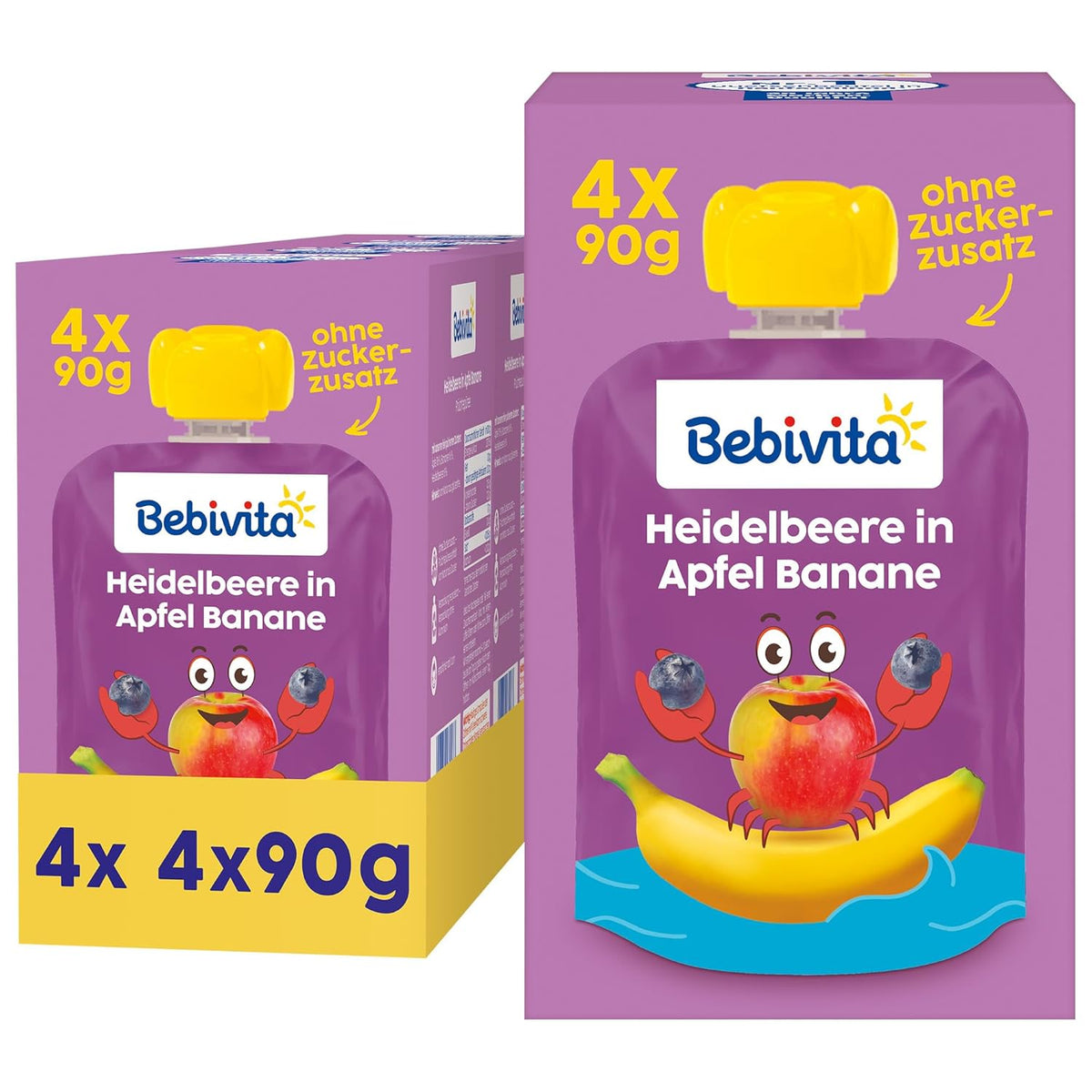 Bolsitas exprimibles de arándanos, manzana y plátano: 16 (4 paquetes, 4 x 90 g cada uno), sin azúcar añadido, sin gluten, ideales para llevar y snacks para llevar