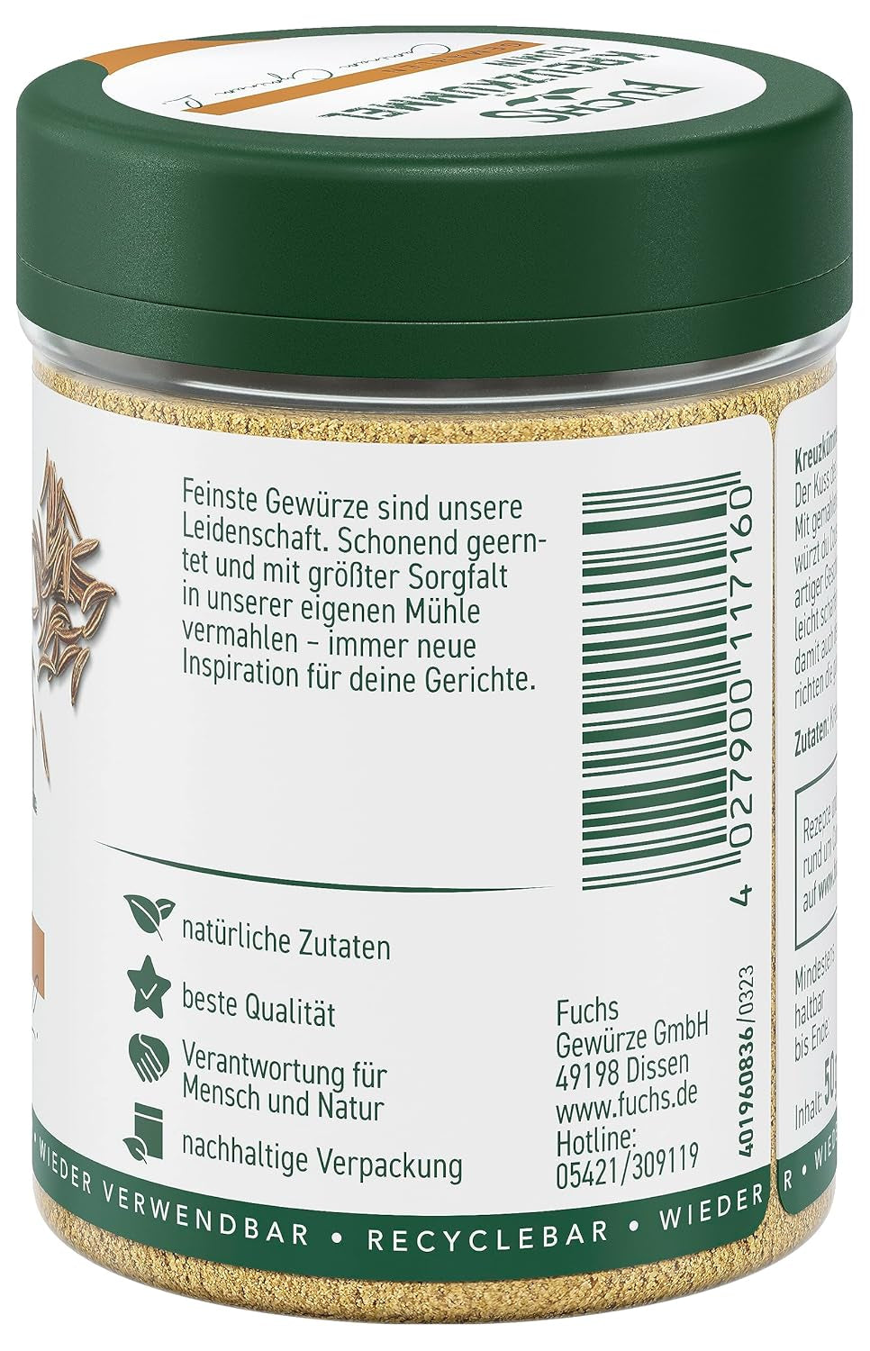 Fuchs Gewürze - Kreuzümmel gemahlen - zum Würzen von Couscous, Hummus und Falafel - natürliche Zutaten - 50 g in wiederverwendbarer, recyclebarer Dose