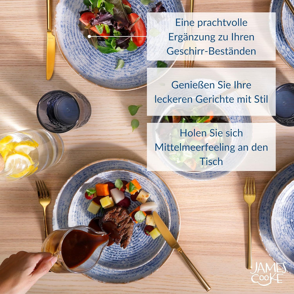 Set de veselă Azure Vintage din gresie pentru 6 persoane - 24 de piese - dungi albe și albastre, suprafață în relief - potrivit pentru mașina de spălat vase, cuptor și cuptor cu microunde