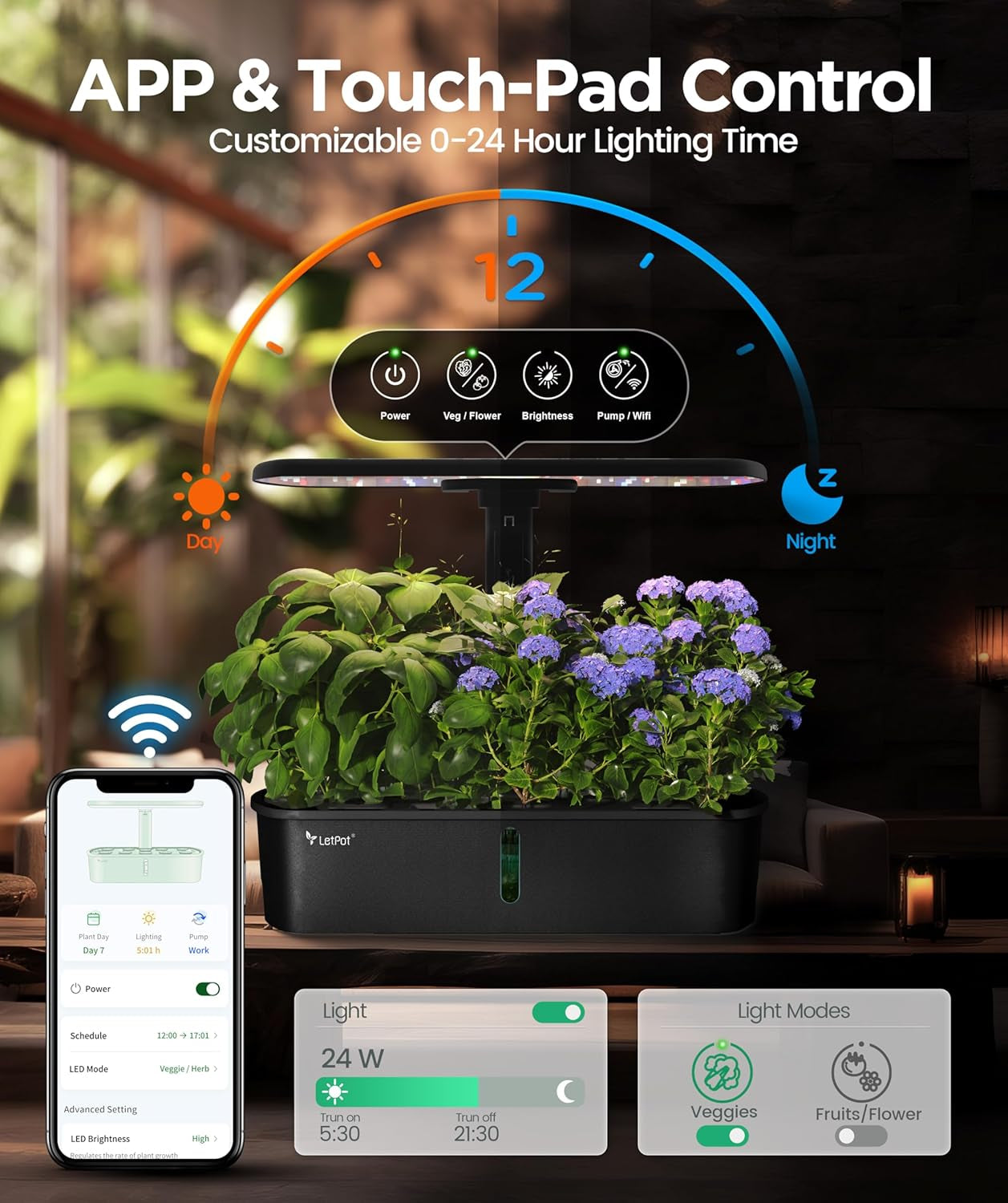 LPH-Air Kits de sistemas de cultivo hidropónico WiFi controlado por aplicación 24 W Smart Indoor Garden Grow Light Full Spectrum 10 Cápsulas Macetero Kit de regalo de jardinería interior